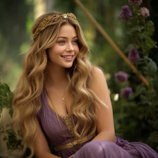 young sasha pieterse with long golden hair with purple details wearing headband that sits between her hair wearing a