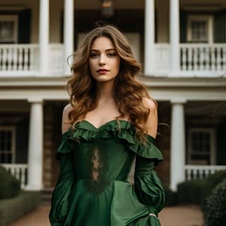 23-year-old woman with long brown hair and green eyes standing in front of a mansion with a green gown