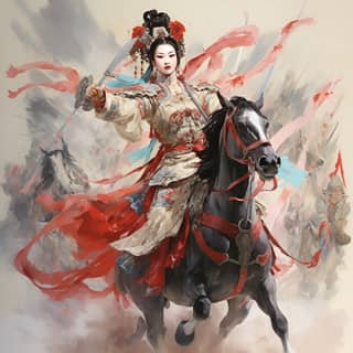 Générale militaire chinoise chevauchant un cheval commandant les trois armées avec tension et une perspective épique.