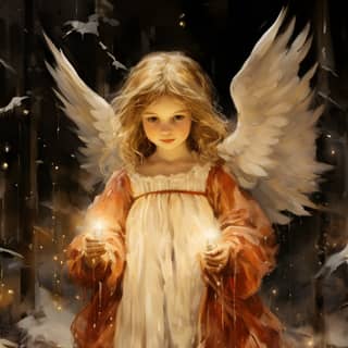 a Christmas angel child in a red and gold robe in a snow covered pine forest at night in the falling snow