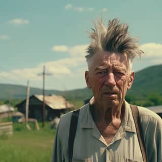 Cinematic Still Film by David Lynch old man boy in a dirty striped blue and white t-shirt He is messy brown hair and