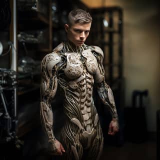 Ein realistisches Foto eines jungen Mannes-Cyborgs, inspiriert von populären Science-Fiction-Filmen, zeigt künstliche Muskulatur mit einer Kombination aus organischem und mechanischem Gewebe, sichtbare bio-mechanische Merkmale sowie metallische und elektronische Details, die in seine Haut integriert sind, und steht in einem Raum.