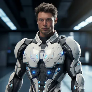 Um homem alto, bonito, musculoso e com olhos azuis deslumbrantes, vestindo uma armadura futurista de alta tecnologia em um quarto escuro.
