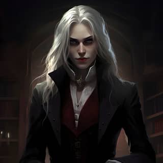 an evil vampiress long white neat hair striking facial features edged chawline slim narrow lips triumphant smirk standing in