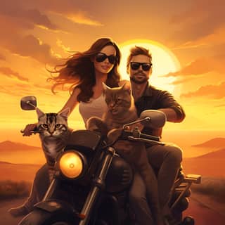 badass brunette couple riding motorcycle away from sunset sunset with two cats riding in sidecar