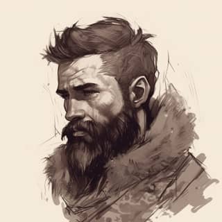 Un uomo barbuto con un colletto di pelliccia e capelli corti nello stile artistico di Symbaroum.