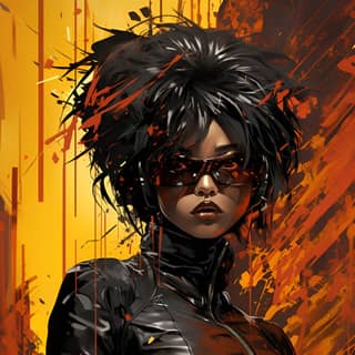 Una mujer negra de ébano estilo cómic cyber desertpunk con sombras dinámicas y caos, representada en cuero negro con fuego saliendo de su cabello.