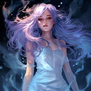 Un'illustrazione fantasy di una bellissima donna con lunghi capelli viola chiaro che fluttuano nell'aria, circondata da fiamme blu e con occhi blu, indossa un vestito bianco in una stanza scura.