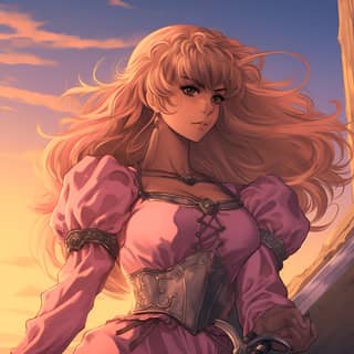 Fille anime en robe rose tenant une épée entre ses cuisses, évoquant l'image de la princesse du château de Berserk.