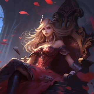 League of Legends pose dinâmica de corpo inteiro menina sentada em um trono de mármore cercada por arbustos de espinhos e bandeiras rasgadas.