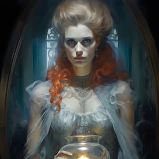 light lady ghost with a skull on the table in the style of glamorous Hollywood portraits