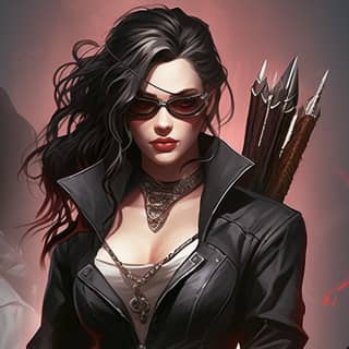 Lig of Legends'daki Vayne'e benzeyen siyah deri kıyafet, ok ve yay ile, karanlık bir arka planın önünde duruyor.