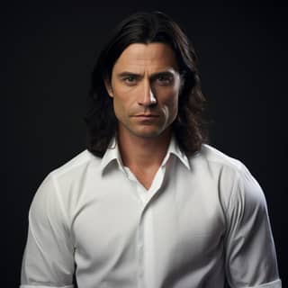 man 40 years old white shirt strict black hair no tie shoulder-length hair