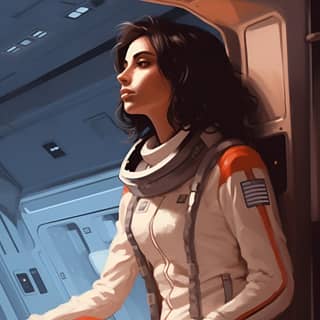 spanish female astronaut 1970's and 1980's Sci-Fi design looks away at Saturn