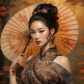 in a traditional Asian setting She is wearing an elegant embroidered dress that appears to be influenced by historical Far