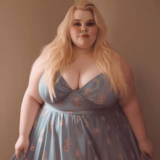 very fat pretty blonde girl in dress, with big boobs in a blue dress