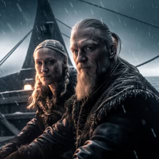 En el episodio 9 de la temporada 6 de Vikings, un guerrero está armado en un barco vikingo con un dramático relámpago.