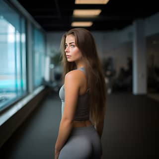 Mujer en el gimnasio vistiendo ropa deportiva mirando por la ventana.