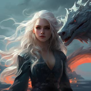 Spiel der Throne Daenerys Targaryen, eine junge Sirene mit weißen Haaren und einem Drachen.