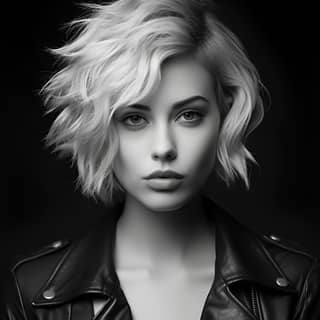 25 year girl with short blonde hair and stunning black leather jacket stunning no background style raw