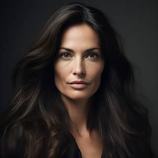 45-year-old woman looking at the observer with very glamorous expression long flowing hair elegant a slight smile beauty