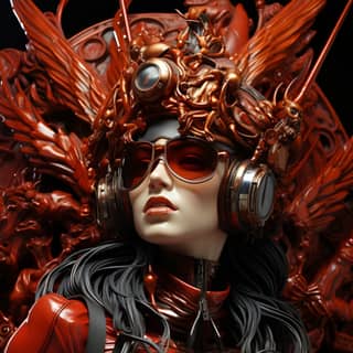 Memakai pakaian merah dan hitam serta helm. Wanita penerbang autogyro dalam adegan retrofuturis gaya Seni H R Giger oleh Martin Ansin. Mengenakan headphone dan kostum merah.