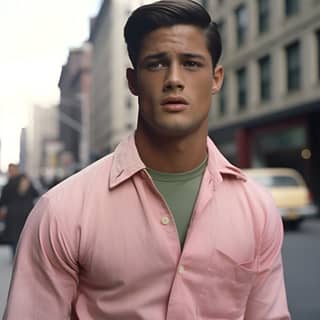 Hombre con una camisa rosa parado en una calle de la ciudad de Nueva York en 1960.