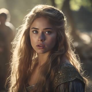 Sophie brand medieval princess with long light brown hairs in a forest looking scared at a medieval warrior cinematic shot +
