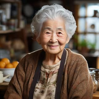 Una anziana nonna paffuta seduta a un tavolo con una ciotola di frutta.