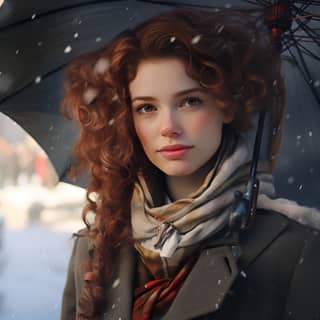 with brown curly hair and an umbrella standing in the street in the style of hyper-realistic sci-fi snow scenes realistic