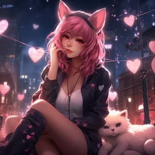 girl dark pink hair wolfy ears hearts in eyes in love draw near the palace of cats light clothes