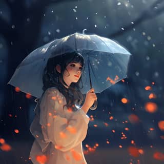 a girl looking back over her shoulder while holding a transparent umbrella in the rain tender happy melancholic gentle