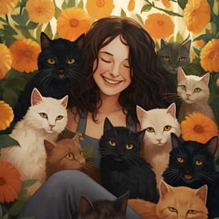 happy girl surrounded by cats in a garden