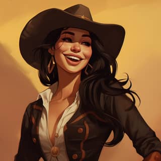 hispanic woman long face brown eyes gold and black shirt pants cowboy hat sweet 1899 old times wild west western red dead