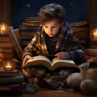 kid receiving tutoring surrounded by cozy books and blankets photorealistic with high depth of field