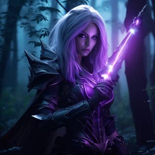 Una mujer de cabello morado con una espada en un bosque oscuro, vistiendo ropa gris y negra.