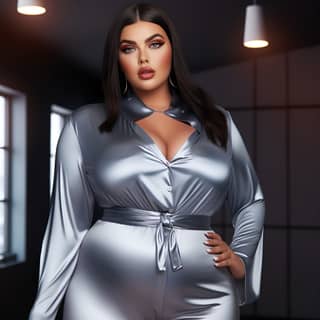 photorealistic picture of a big fat woman wearing very smooth shiny satin clothes