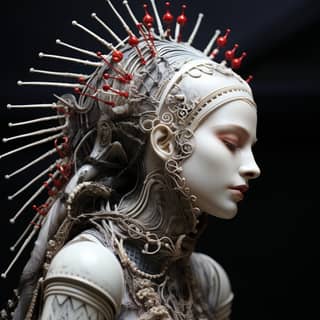 Una estatua de una hermosa Dama de la Luna con tocado de alfileres rojos, representada en una espeluznante pintura al óleo de Emil Melmoth H R Giger, en contraste con una luna oscura y ominosa, rodeada de niebla y un planeta con lunas.