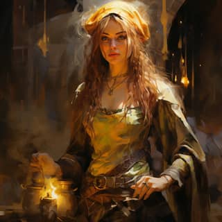 a sorceress enchanting the well with life junk punk themes Arthurian fantasy themes rustic clothing styles multiethnic