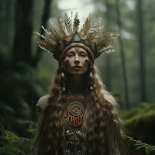 Mujer con cabello largo vistiendo una diadema de plumas en un bosque, evocando a un dios mitológico celta.