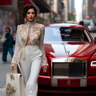 A stunning beautiful but professional female kenian assistant of a ceo exiting a rolls royce car towards the sidewalk in a