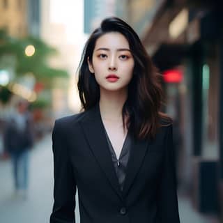 in a suit in a CBD in the style of sandara tang xiaofei yue elegantly formal li shuxing indian pop culture