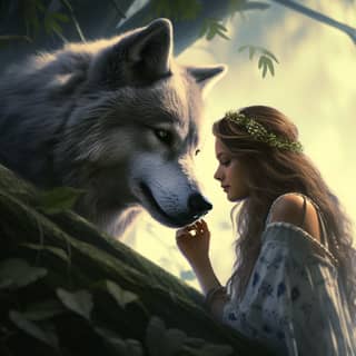 Un tendre moment entre un loup majestueux et une femme charmante dans un cadre de forêt mystique.