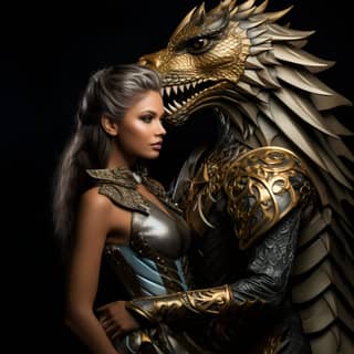 two women in a tight costume of heraldic mythology against a dragon glamorous hollywood portraits intense close-ups bold