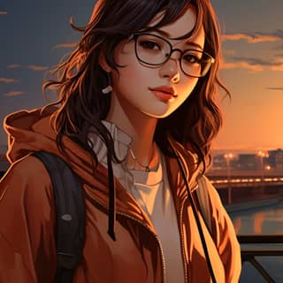 An Asian girl in a tracksuit with glasses Stand on the noisy Han River Bridge in the city Round face