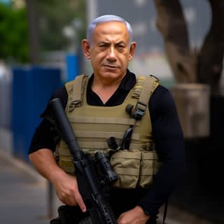 Benjamin Netanyahu heavy armed with guns and grenades heavy armed alive true accurate live photo 2024 cinematic detailed hdr