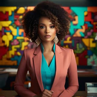 Create a real life black businesswoman in afro looking confidently placing the last piece of the puzzle the concept of