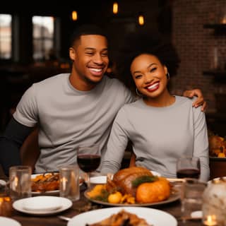 Una pareja sonriente sentada en una mesa con una cena de Acción de Gracias.