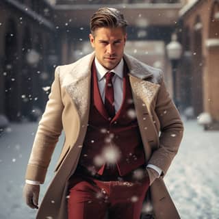 Un multimillonario guapo y realista camina en la nieve vistiendo un traje rojo y abrigo.