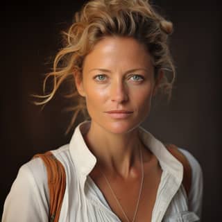 a French beauty about the age of 40 with delicate facial skin close-up A simple white vest Transparency 45 degree head up